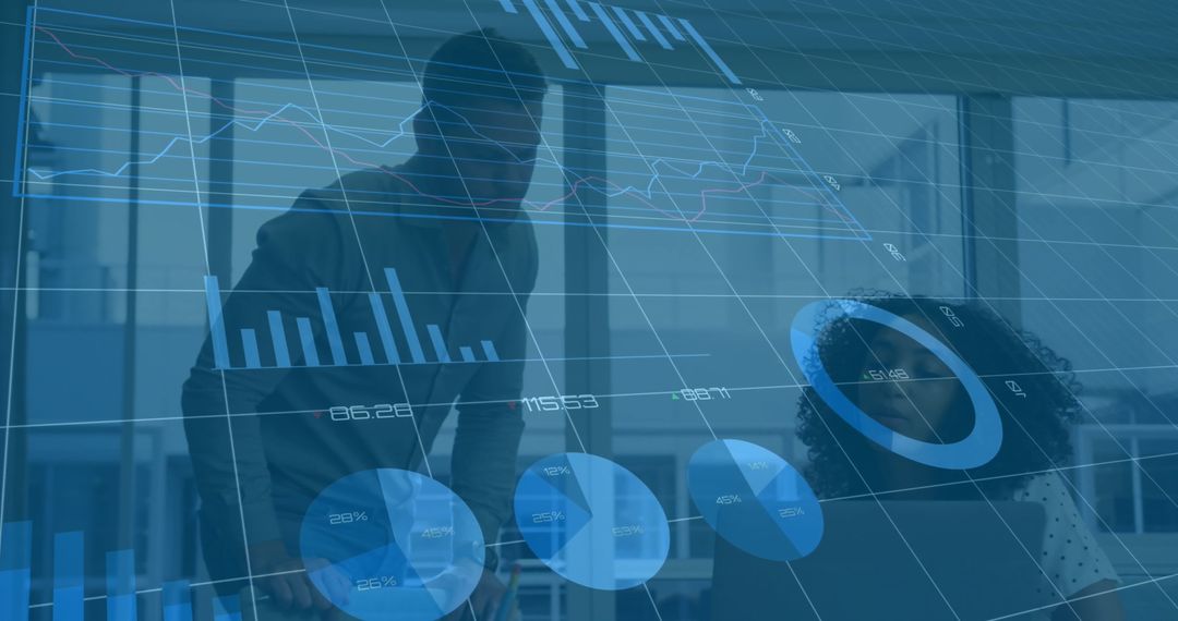 Diverse Team Analyzing Digital Data on Transparent Screen