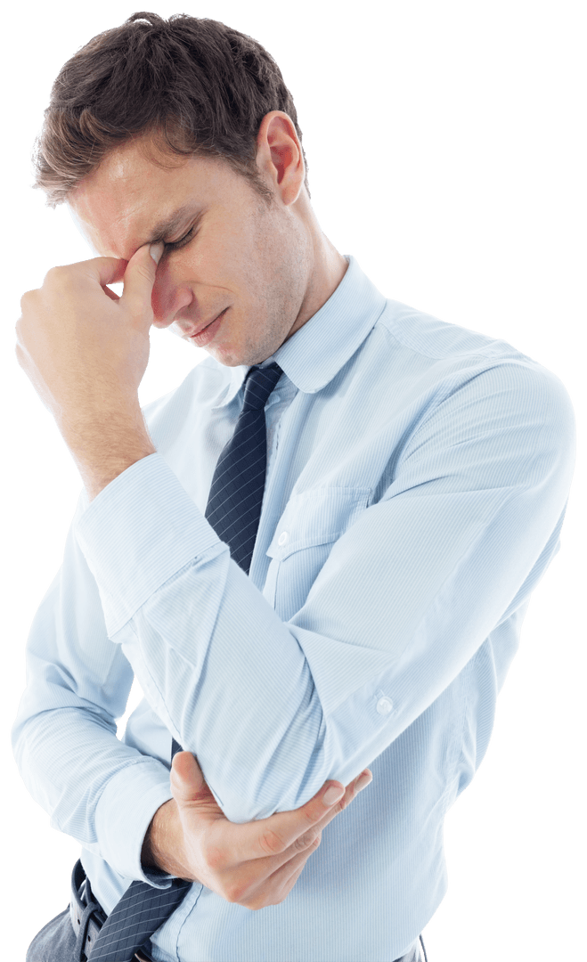 Stressed Businessman on Transparent Background in Thoughtful Pose