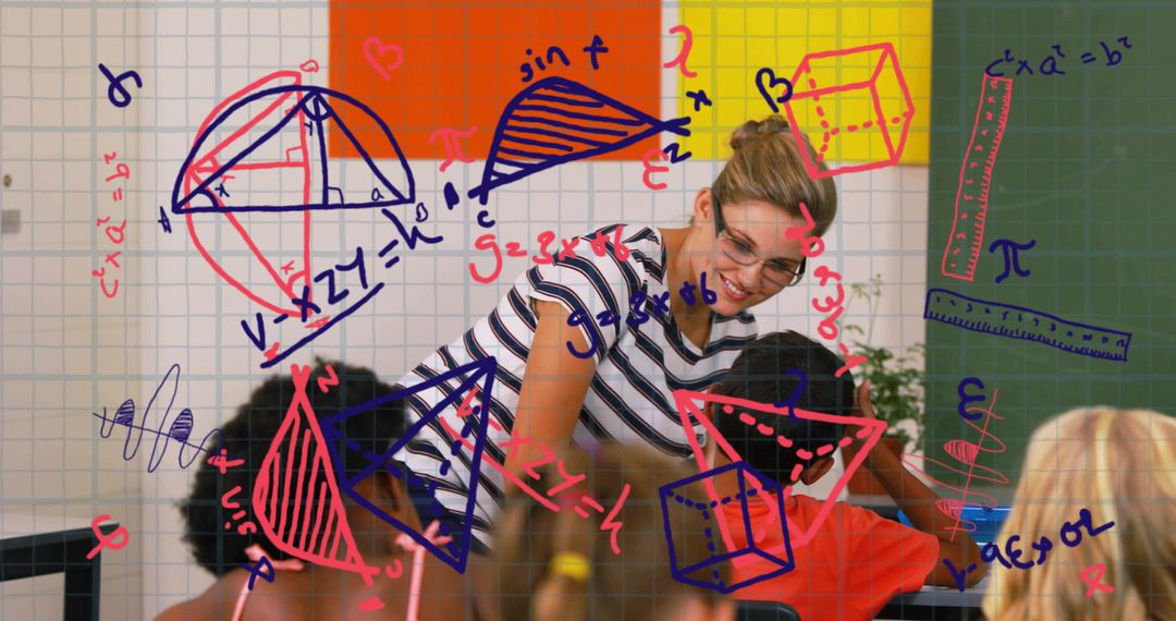 Female teacher guiding students solving geometry problems with colorful math overlays