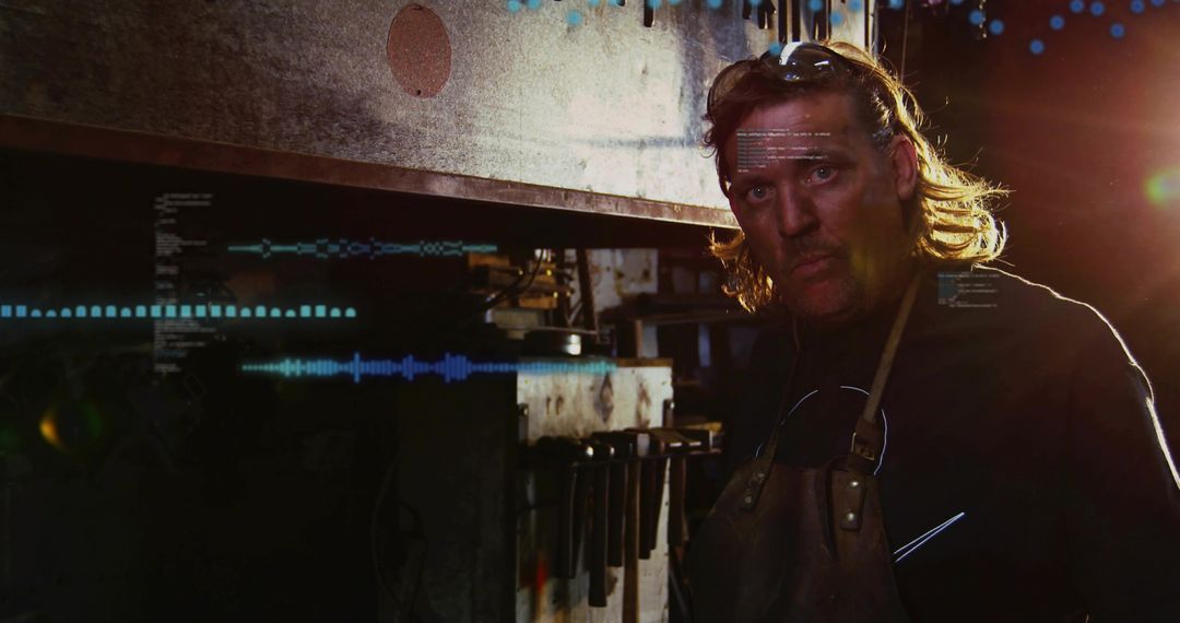 Backlit Fabricator Inspecting Hydraulic Press in Gritty Workshop Wearing Leather Apron with Lens Fla