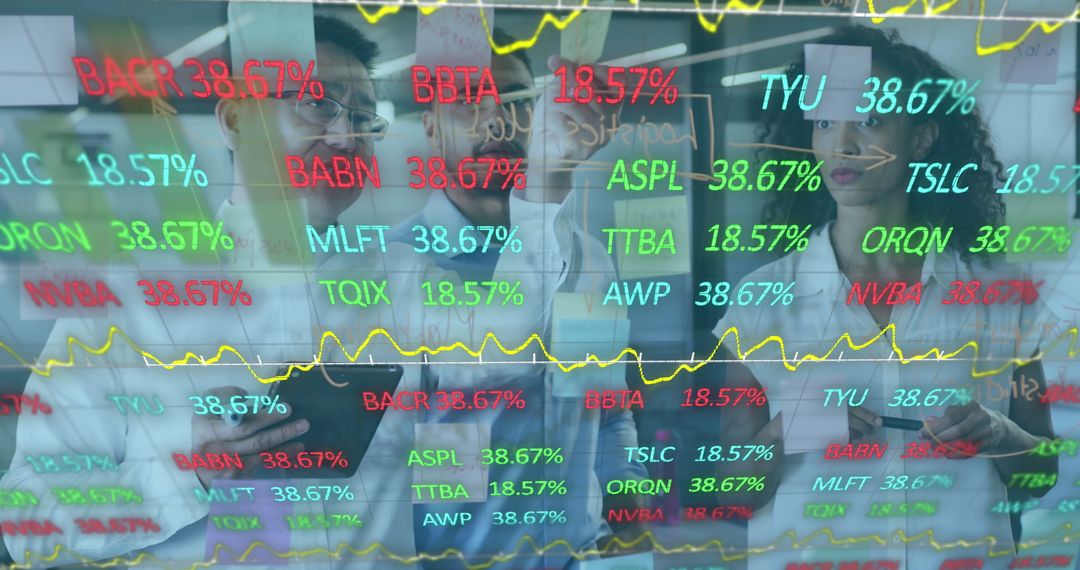 Business Colleagues Analyzing Financial Data on Transparent Display