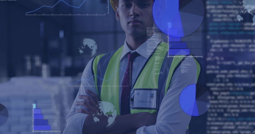 Warehouse Supervisor Monitoring Logistics Analytics Dashboard Wearing Hi-Vis Vest Hard Hat