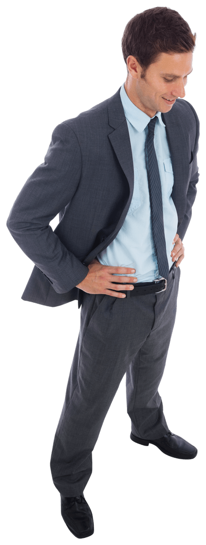 Transparent Confident Businessman in Suit Standing with Hands on Hips