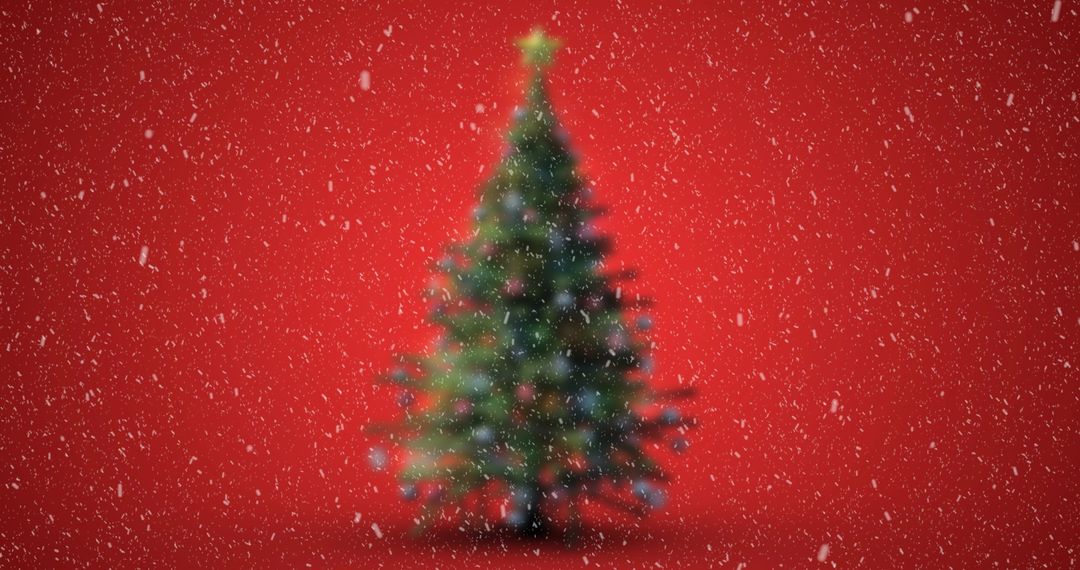 Blurred Christmas Tree with Falling Snow on Red Background