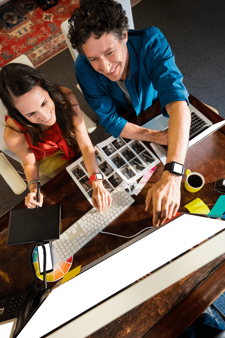 Creative Team Collaborating Work on Graphic Design Using Transparent Techniques