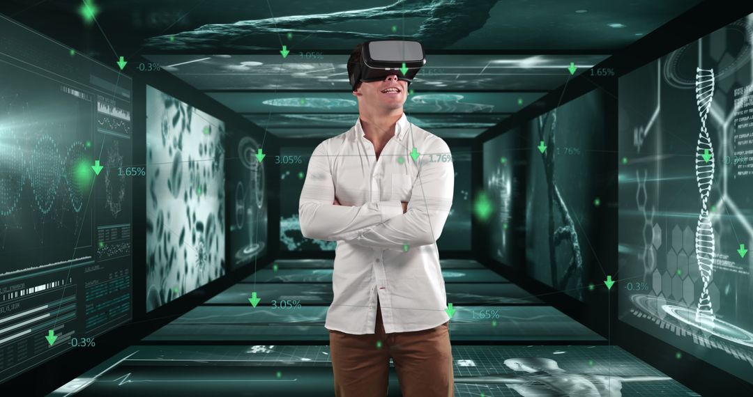 Man Immersed in Virtual Reality Experiencing Futuristic Digital World