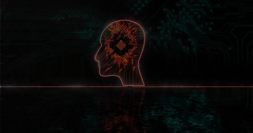 Neon Circuitry Human Head with Microchip Concept