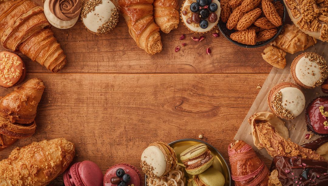 Showcasing assorted croissants and colorful macarons on rustic wooden tabletop flatlay