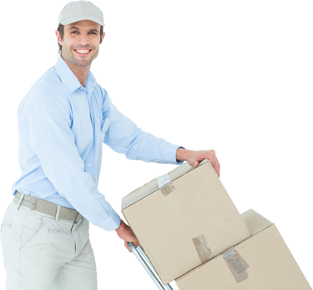 Smiling Delivery Man in Cap Pushing Boxes on Transparent Background - Download Free Stock Images Pikwizard.com