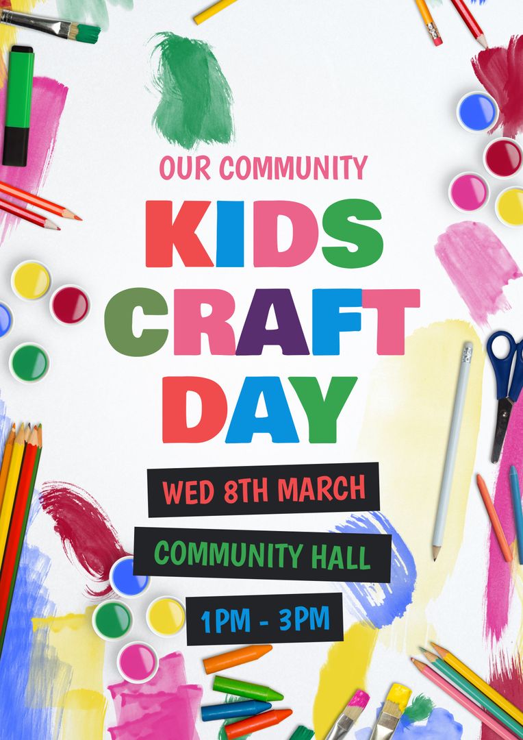 Colorful Kids Craft Day Event Poster with Art Supplies Border - Download Free Stock Templates Pikwizard.com