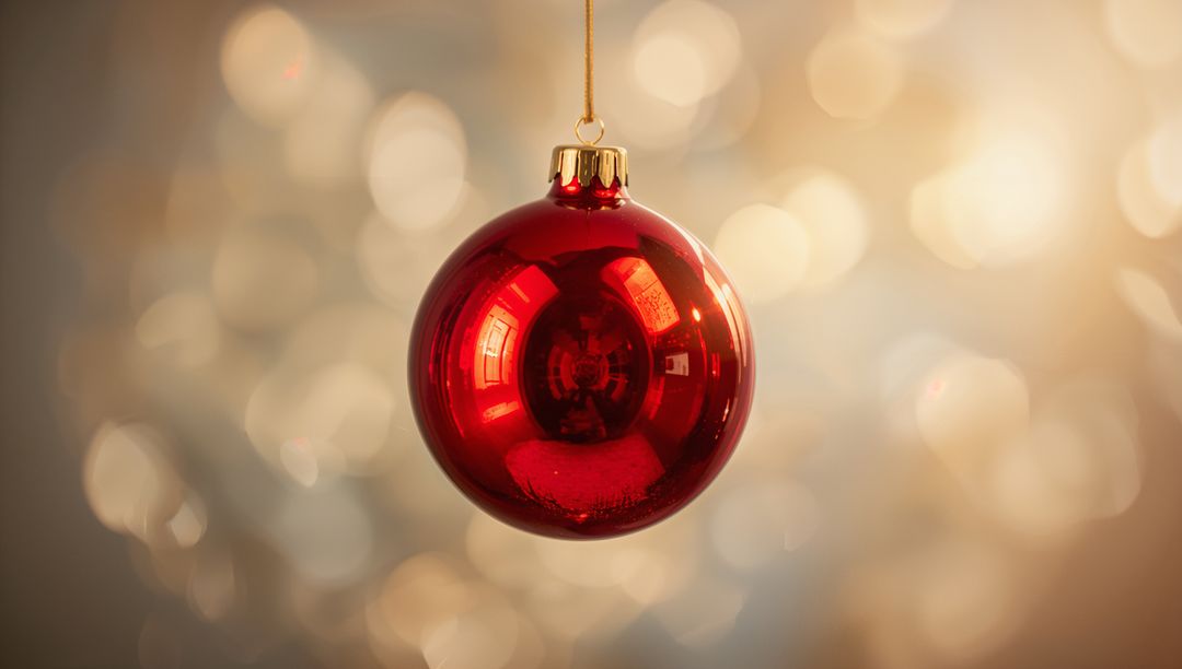 Hanging Glossy Red Christmas Bauble Reflecting Warm Bokeh Lights