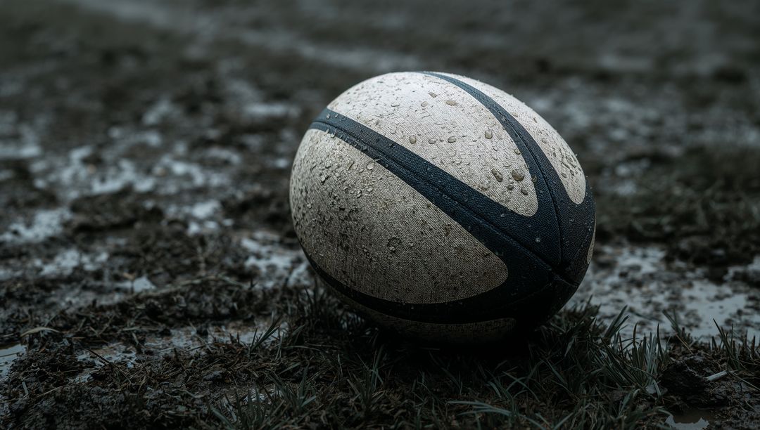 Rugby Ball Resting on Muddy Field with Rain Droplets
