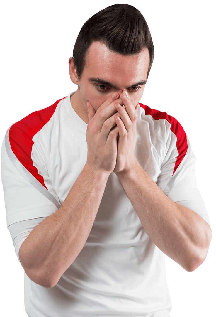 Disappointed Football Fan in White and Red Jersey on Transparent Background