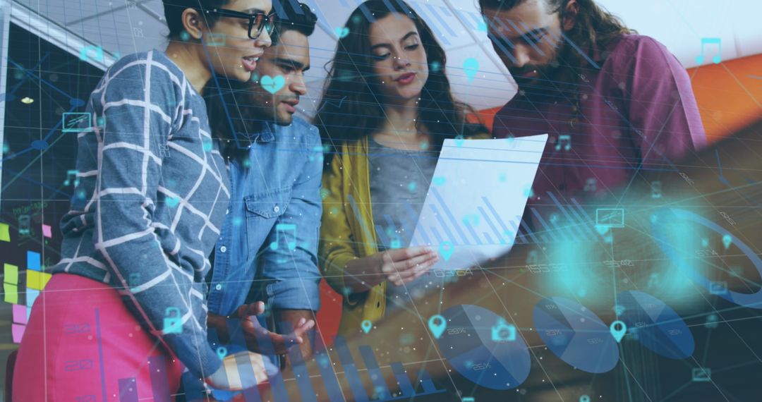 Diverse Colleagues Discussing Overlaid with Digital Icons