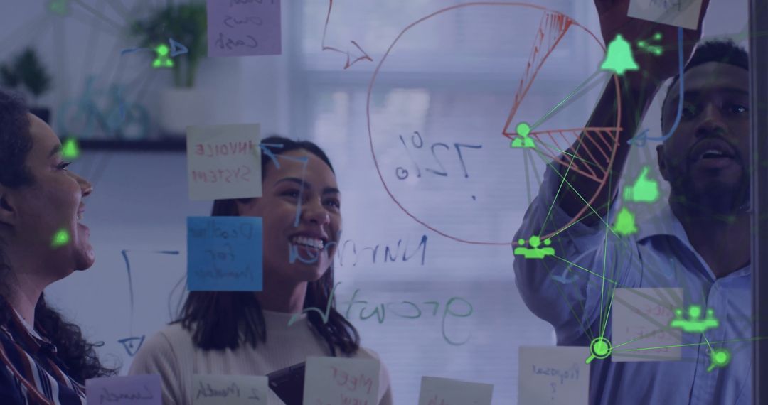 Diverse Team Collaborating with Media Network Overlay