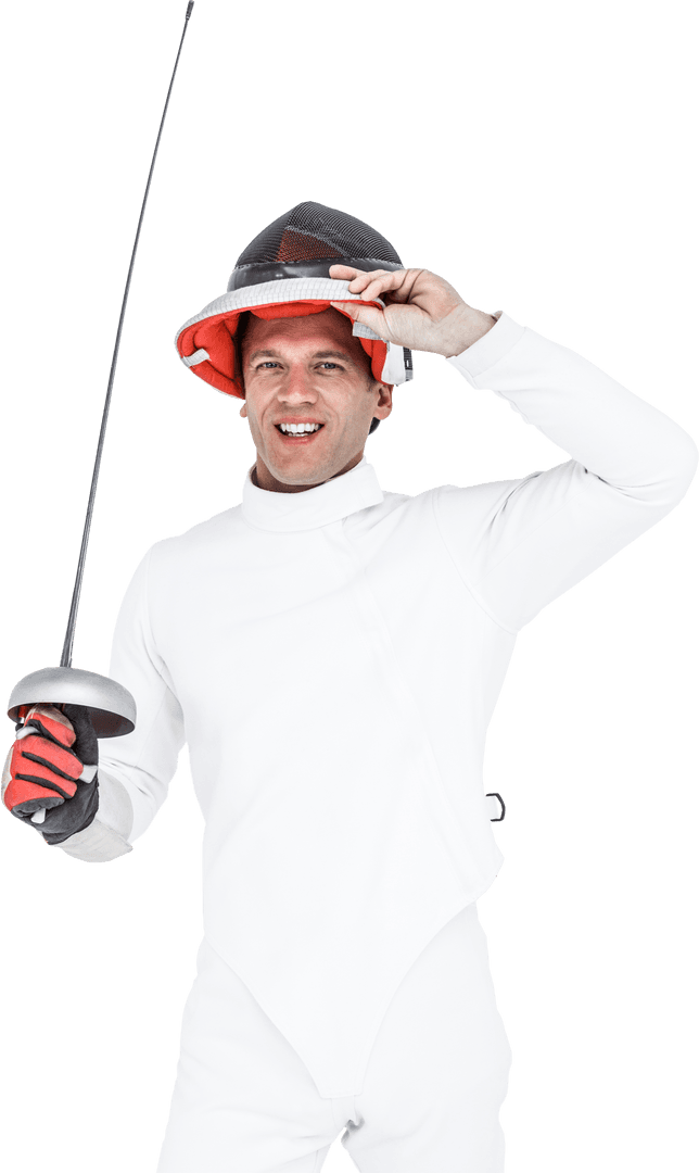 Transparent Fencer Holding Sabre in Victory Pose