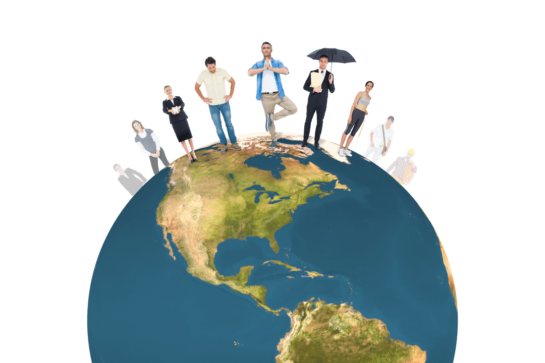 Diverse Individuals Circling Earth on Transparent Background