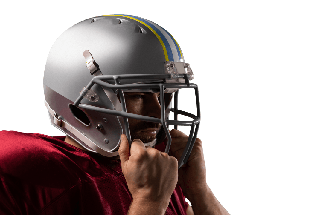 Caucasian Rugby Player Holding Helmet on Transparent Background