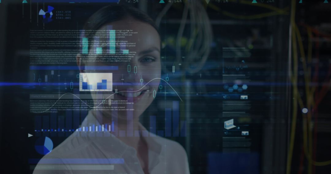 Female IT Engineer Analyzing Data with Advanced Technology Overlay