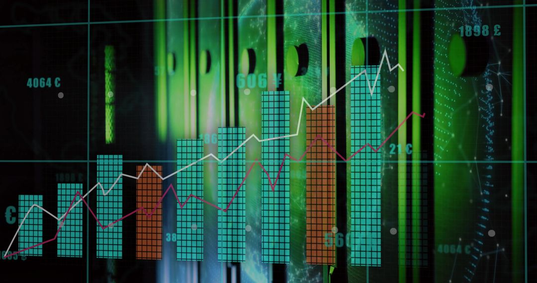 Futuristic Data Visualization with Graph Overlay in Green-Lit Server Room