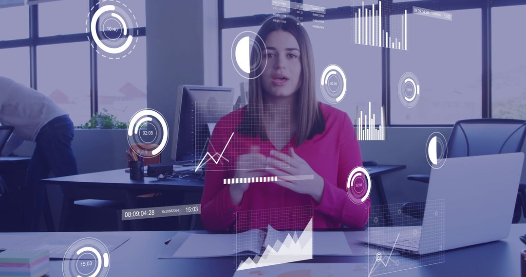 Businesswoman Analyzing Financial Data in Tech-Infused Office