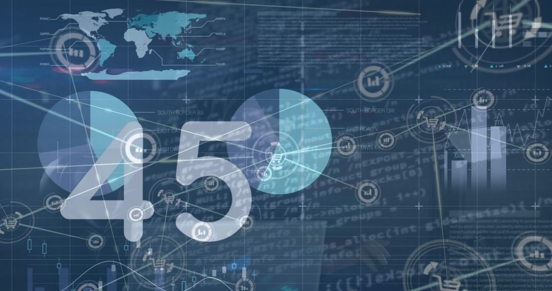 Futuristic Digital Interface with Data Networks and World Map