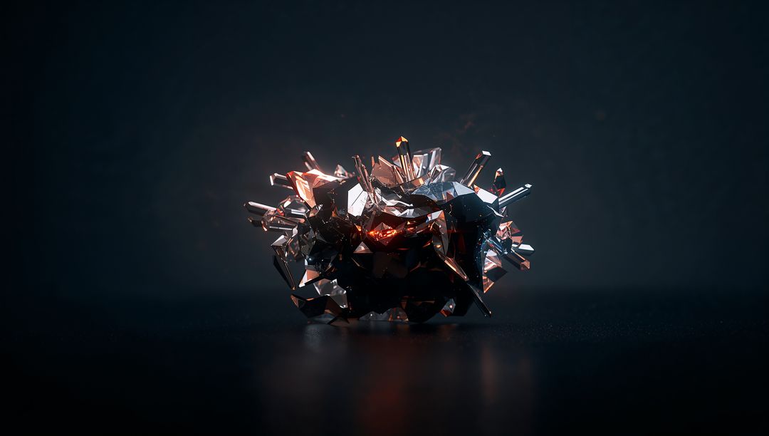 Abstract Spiky Metallic Crystal with Amber Highlights on Dark Surface