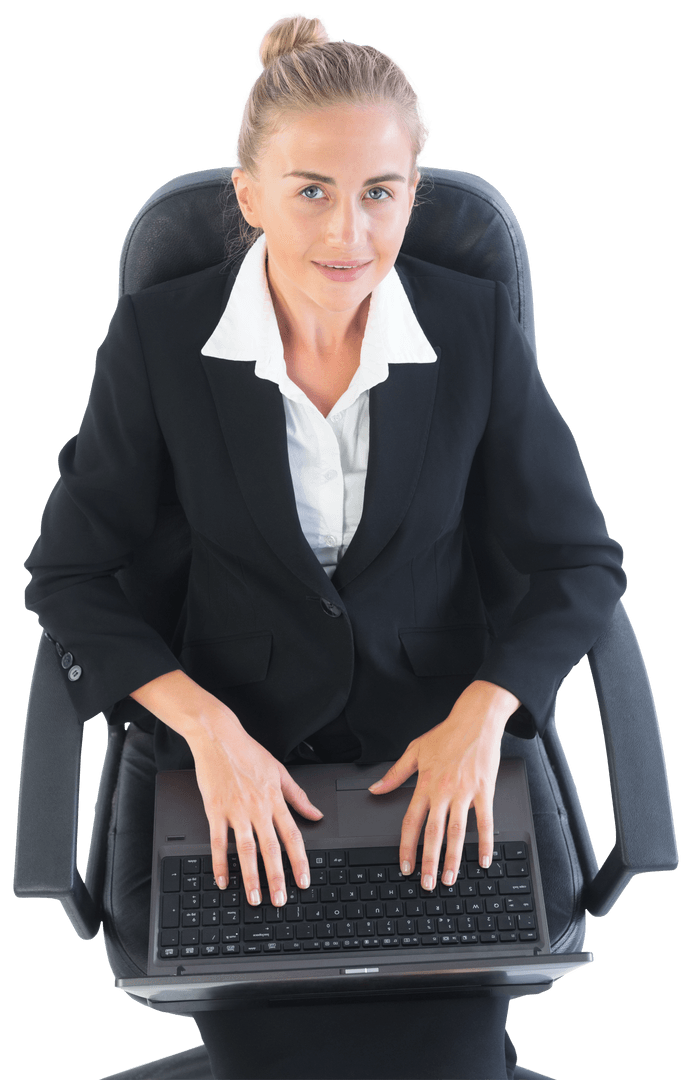 Transparent Businesswoman in Suit Using Laptop While Seated