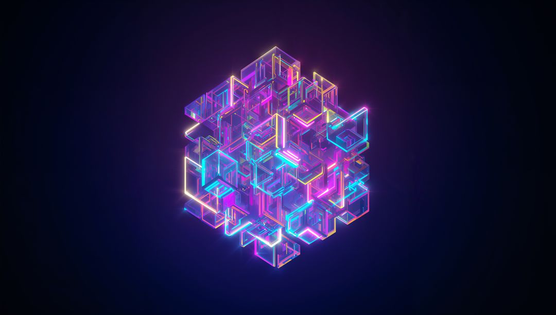 Floating Interlocked Neon Glass Cube Cluster Emitting Holographic Prism Glow