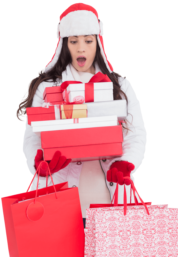 Surprised Woman with Gifts in Transparent Winter Setting
