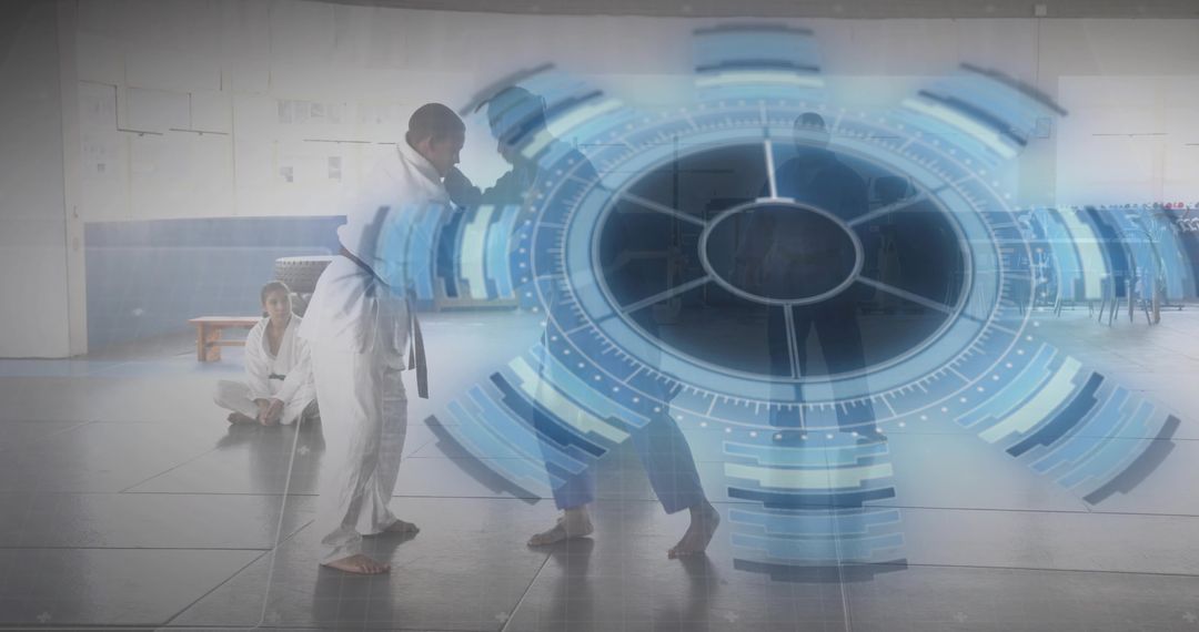 Sparring martial artists in gis and belts with futuristic HUD overlay during dojo training