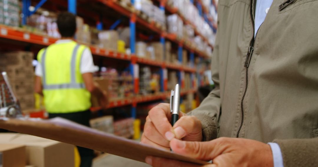 Warehouse Manager Checking Inventory in Busy Storage Facility