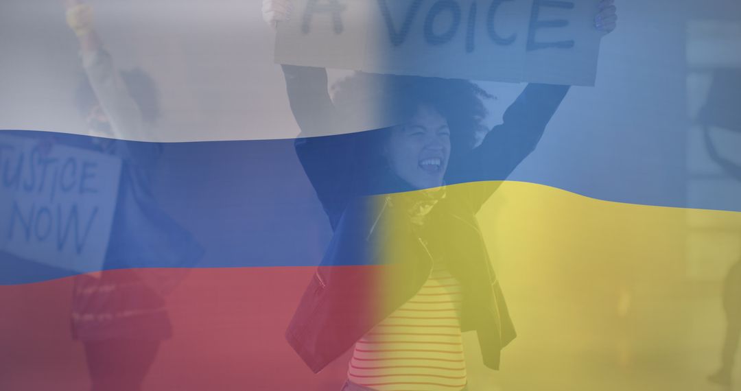 Conflict Symbolism with Protester and Russian Flag Overlay