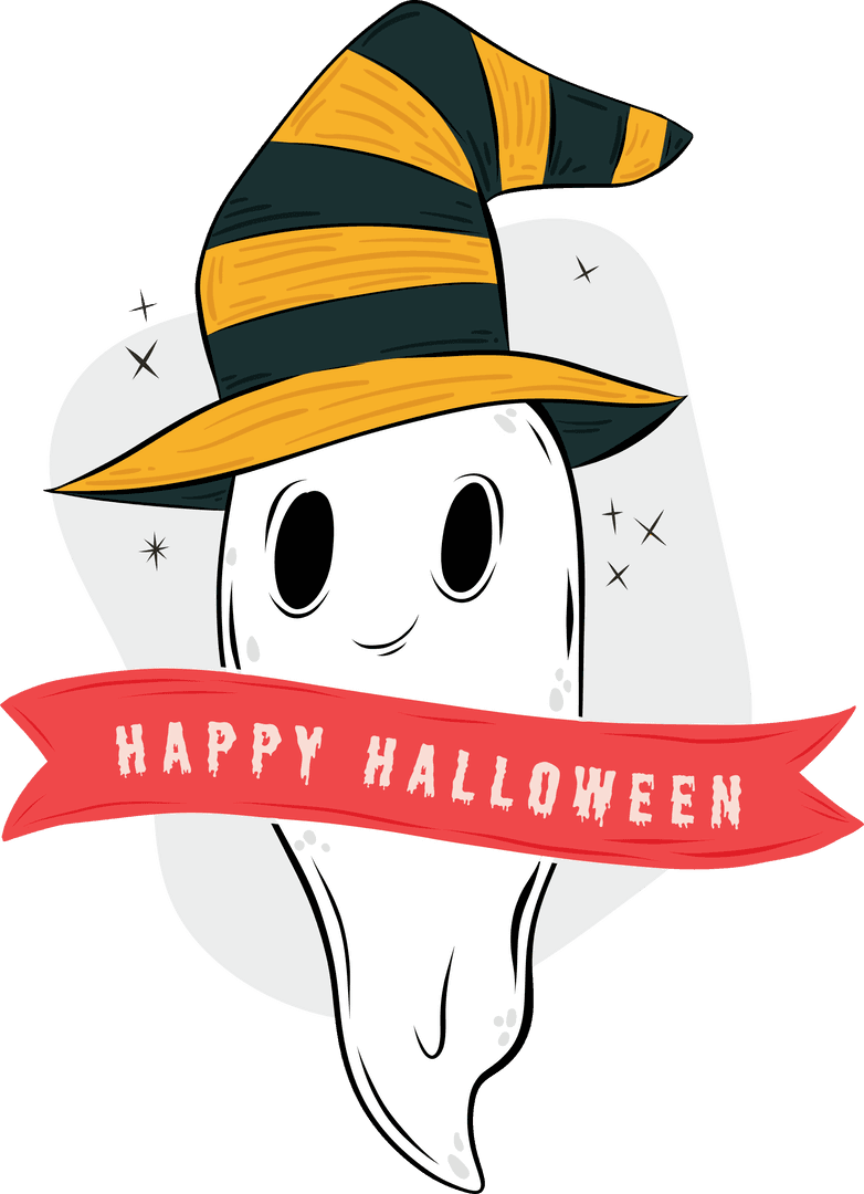 Cute Ghost Wearing Witch Hat with Happy Halloween Banner on Transparent Background