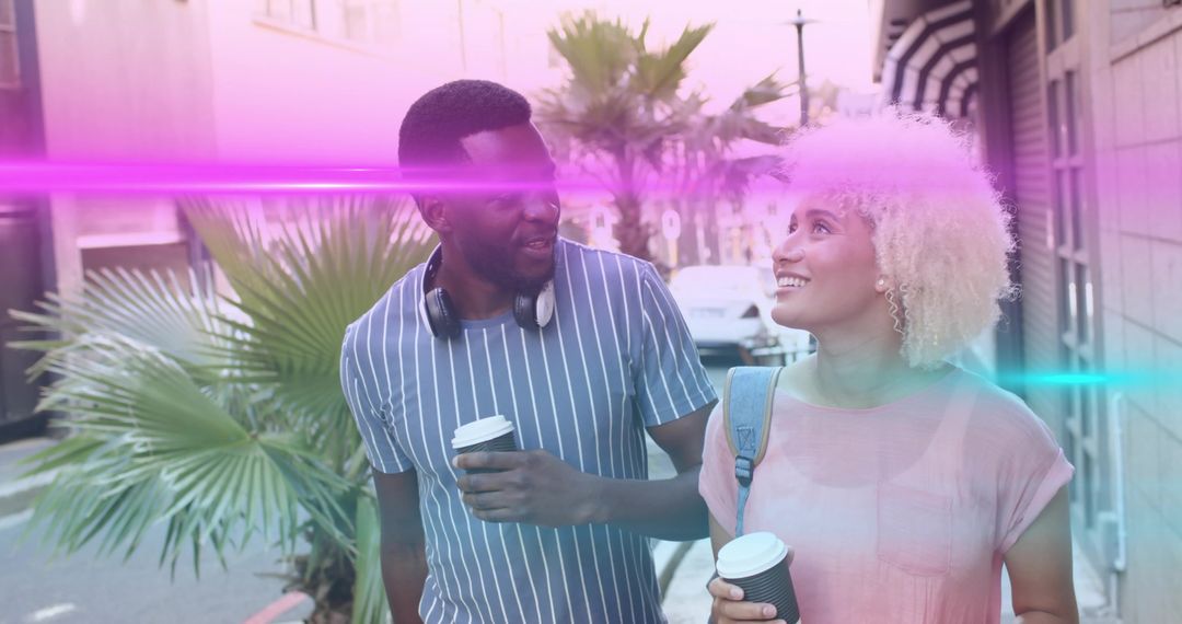 Couple Enjoying Coffee Walk on Urban Sidewalk with Vibrant Light Effects