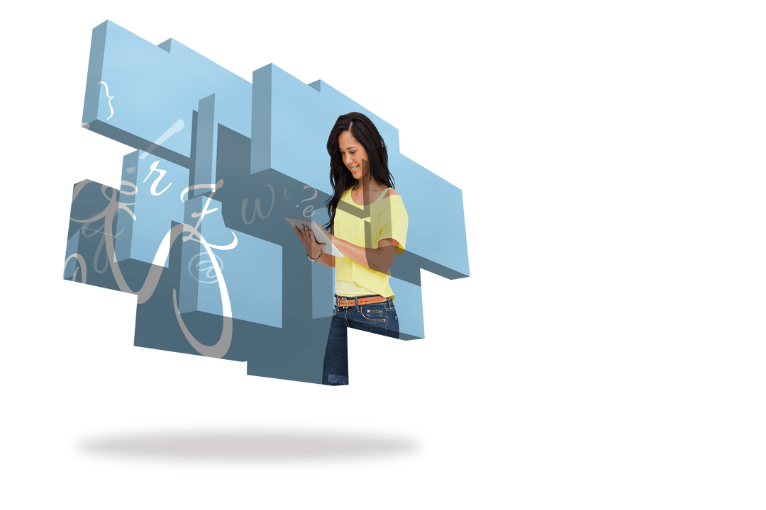 Transparent student interacting with abstract screen next to tablet