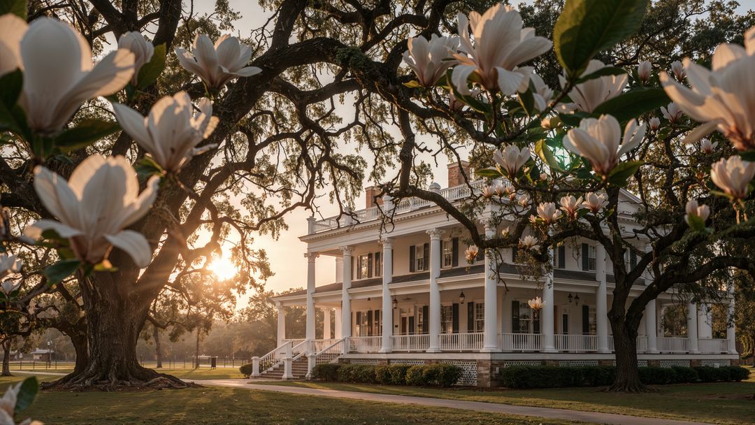 Magnolia Framed White Mansion in Golden Hour Serenity