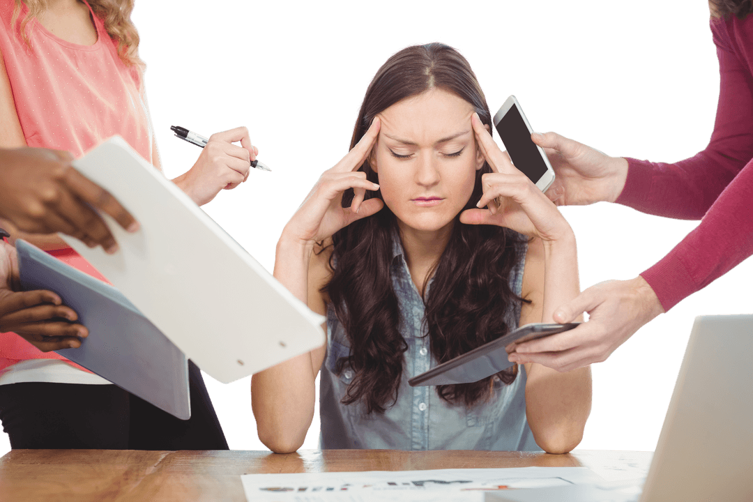 Transparent Frustrated Businesswoman Overwhelmed With Work