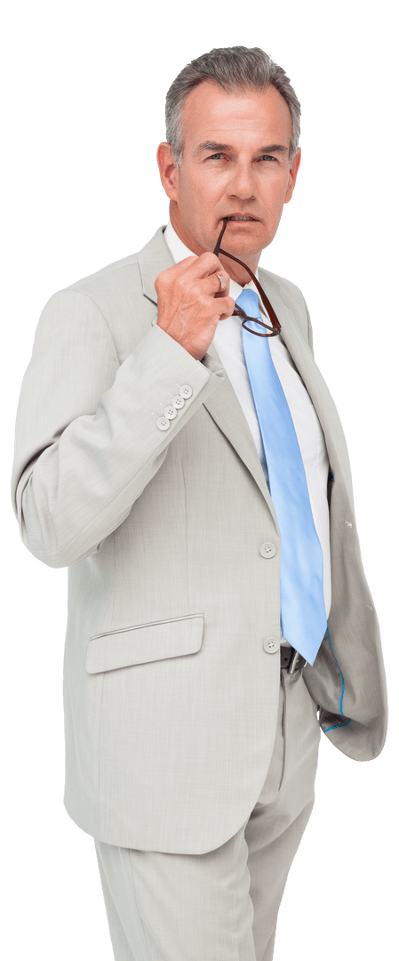 Senior Businessman Holding Glasses, Professional Expression, Transparent Background