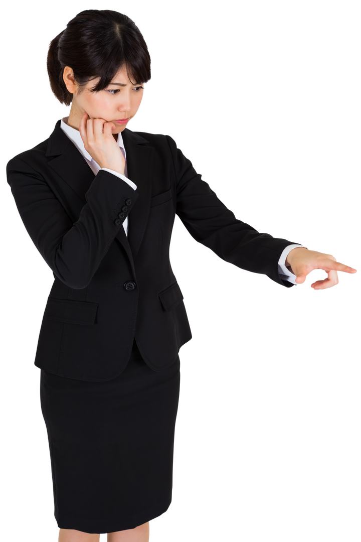 Contemplative Asian Businesswoman Pointing on Transparent Background - Download Free Stock Images Pikwizard.com