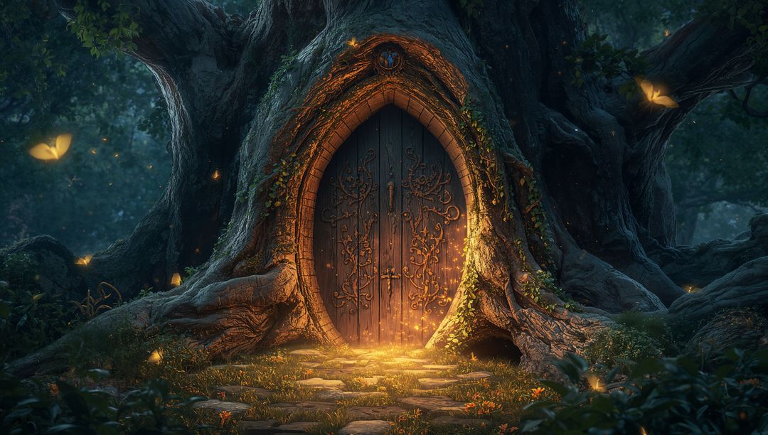 Enchanted Tree Trunk with Glowing Doorway in Mystical Woodland
