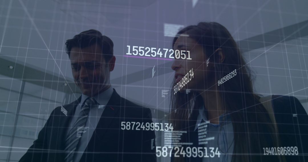 Business Professionals Engaged in Data Discussion with Futuristic Overlay