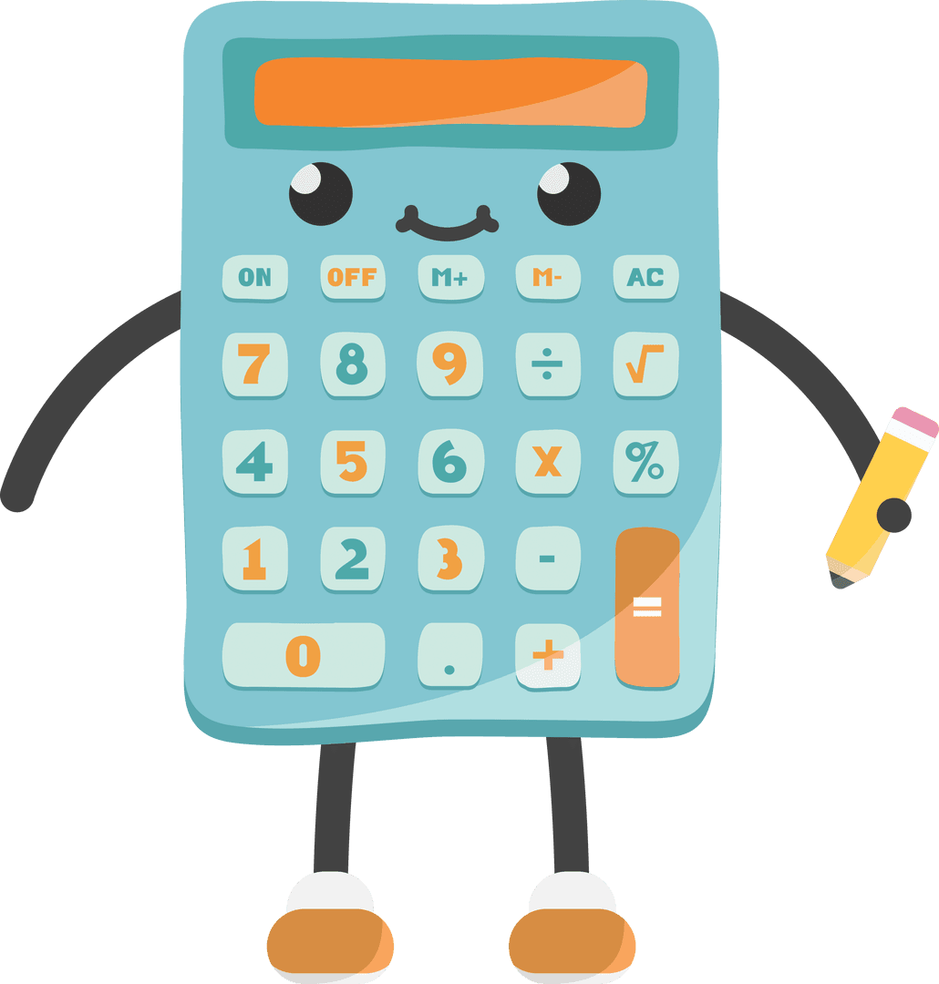 Cute Character Calcualator with Pencil on Transparent Background