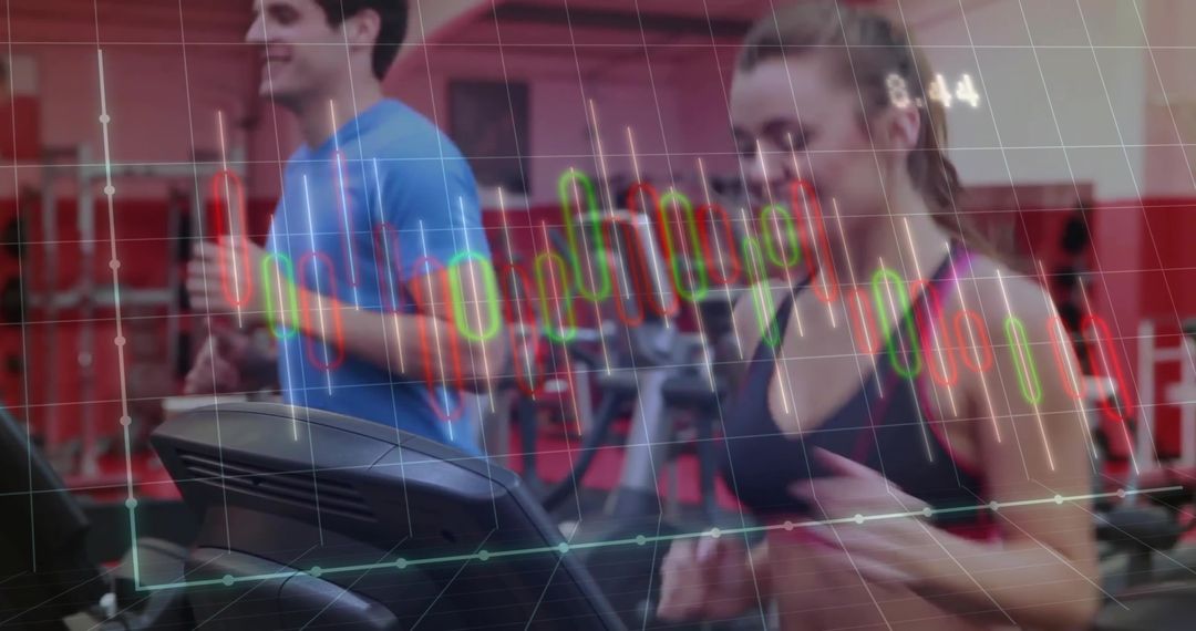 Couple Running on Treadmills Checking Wearable Fitness Data with Candlestick Chart Overlay