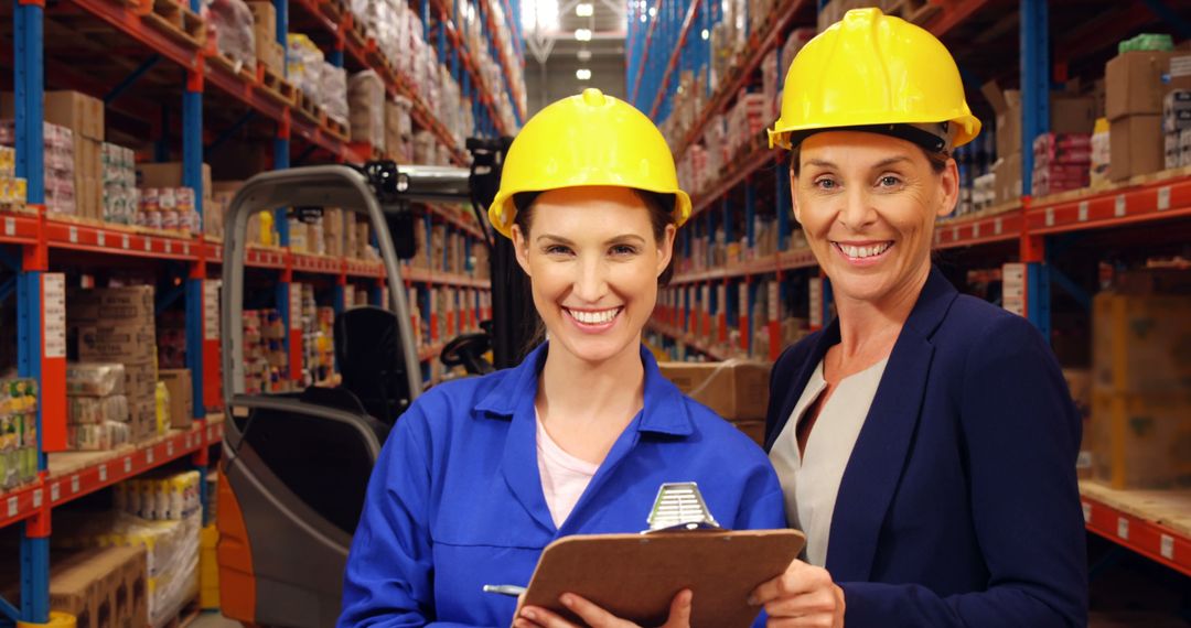 Smiling Female Workers Wearing Hard Hats in Warehouse - Free Images, Stock Photos and Pictures on Pikwizard.com