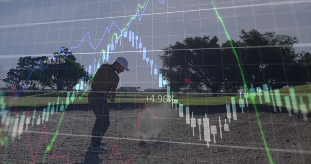 Golfer Swinging in Sand Bunker with Financial Graph Overlay