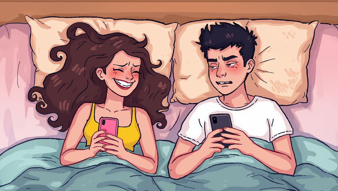Couple in Bed Using Smartphones with Mixed Emotions