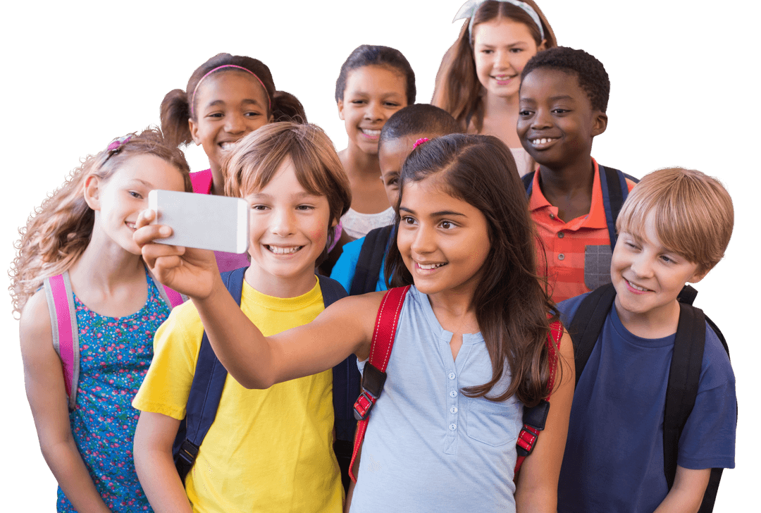 Group of Happy Diverse Schoolchildren Taking Group Selfie Transparent Background