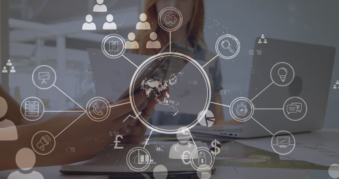 Senior Man with Cellphone Amidst Diverse Global Technology Graphics