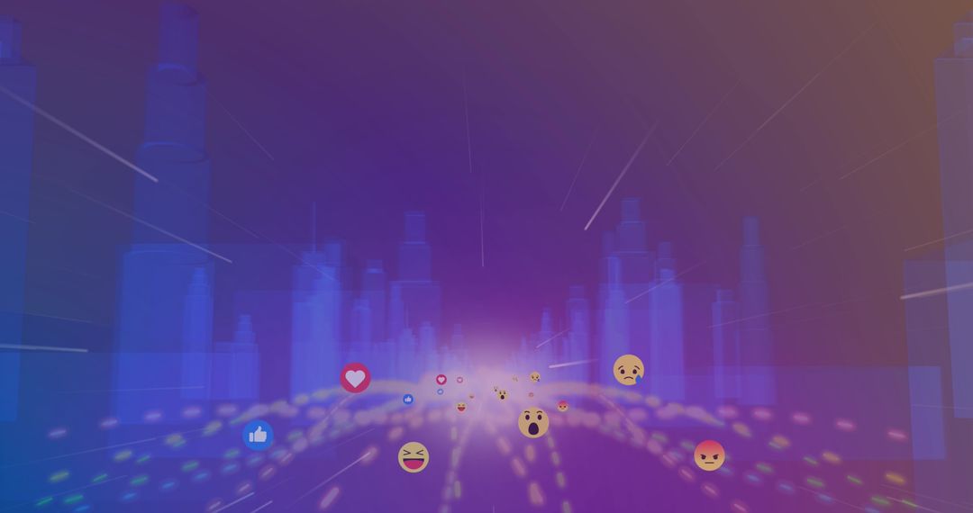 Emoji Icons Overlay on Abstract Cityscape with Neon Lights